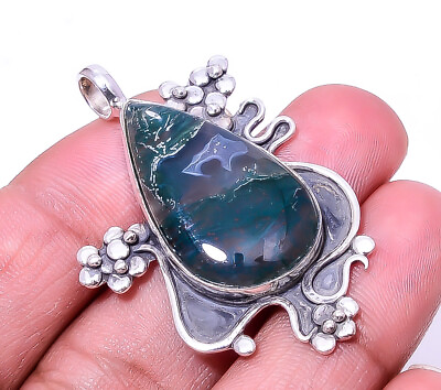 #ad Moss Agate India Oxidised Designer 925 Sterling Silver Pendant 1.76quot; P48 $22.54
