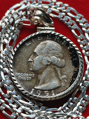 #ad 1951 US Antique Unique Silver 25c Coin Pendant on 18quot; 925 Sterling Silver Chain $119.00
