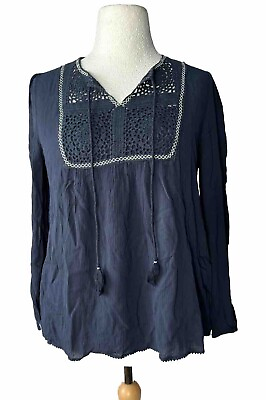#ad EX Monsoon Top Tunic Blouse Crochet Bib Embroidered Ladies Womens Navy Large L GBP 14.99