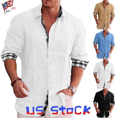 #ad Mens Long Sleeve Dress Shirt Cotton Linen Casual Button down Tops T Shirt Blouse $22.19