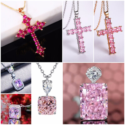 #ad Women 925 Silver FilledGold Pink Cubic Zircon Necklace Pendant Romantic Jewelry $2.44