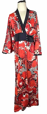 #ad Vintage Olga Kimono Style Long Red Wrap Dress Size M L Asian Inspired Maxi $35.00