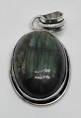 #ad Fiery Labradorite Silver Toned Gemstone Pendant 1.3quot; SHIPS FROM USA $8.99