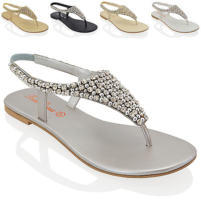 #ad Womens Flat Slingback Sandals Ladies Diamante Pearl Holiday Summer Shoes Size GBP 27.99