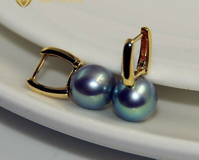 #ad AAA 10mm real natural Japanese Akoya black green round pearl earrings 18k $228.00