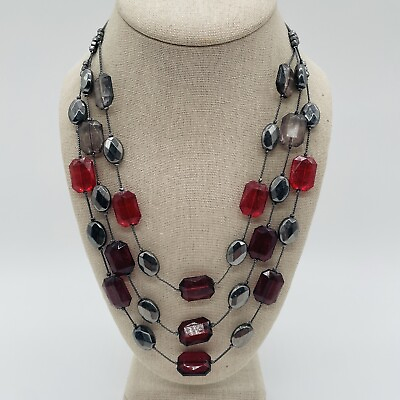 #ad Layered Necklace Gunmetal Gray Red Beaded Faceted 3 Strand Jewelry 18 20quot; $5.98