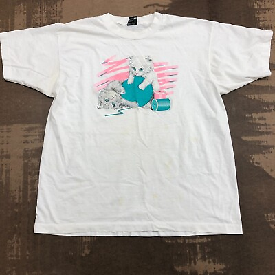 #ad Vintage FOTL Best White Short Sleeve Crew Neck Kitten Yarn T Shirt Adult Size XL $20.00