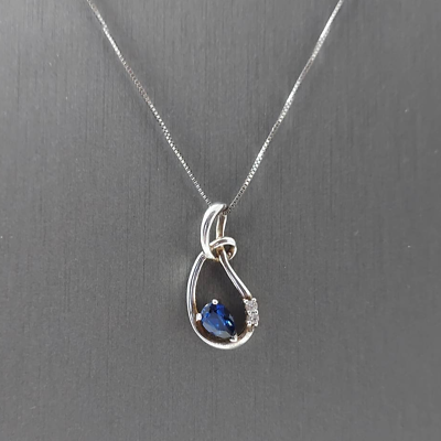 #ad Blue Sapphire Diamond Pendant Necklace 18quot; Sterling Silver Chain 925 Teardrop $49.95