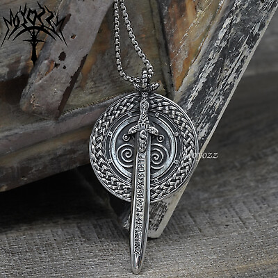 #ad Mens Stainless Steel Nordic Norse Viking Odin Shield Pendant Necklace Men $7.99