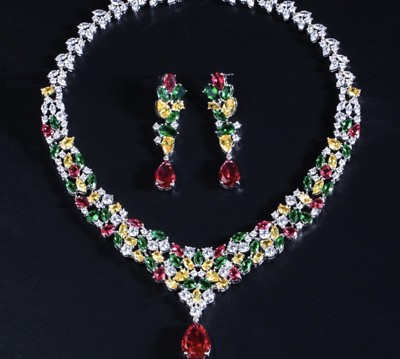 #ad 18k White Gold Filled Multicolor Necklace Earrings Set made w Swarovski Crystal $166.50