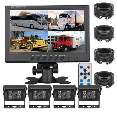 #ad 9quot; QUAD SPLIT MONITOR SCREEN 4x REAR VIEW BACKUP CCD CAMERA SYSTEM FOR TRUCK RV $138.99