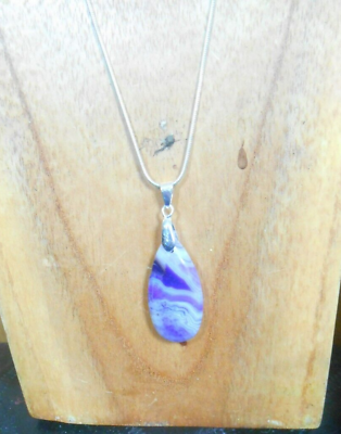 #ad Purple White Stripes Agate Teardrop pendant bead 35x17x7mm on 18quot; silver chain GBP 9.50