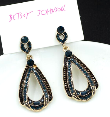 #ad Classy Blue Black Rhinestone WATER DROP Betsey Johnson Dangle Earrings $11.98