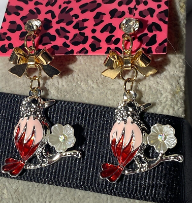 #ad BETSEY JOHNSON CUTE PINK amp; RED BIRD WITH FLOWER DANGLE EARRINGS WITH BOWS $24.99