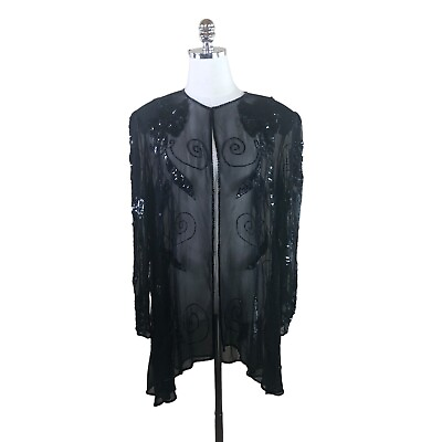 #ad Vintage Robert Anthony Embellished Blouse XL Black Silk Sheer Sequined Beaded $39.30