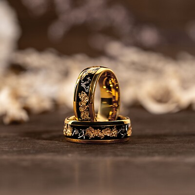 #ad Meteorite Crushed Gold Leaf Flake Ring Mens Wedding Band Solid Tungsten Men Ring $99.99