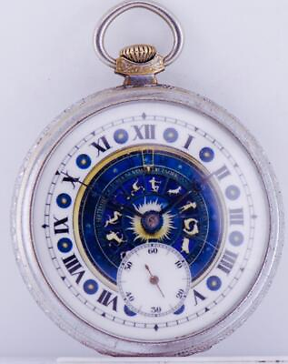 #ad Antique Pocket Watch Art Deco Swiss Cyma Fancy Zodiac Enamel Dial c1930s RARE $577.73