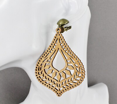 #ad Clip On earrings wood teardrop filigree 3.25quot; long Big pendant Clips lightweight $13.99