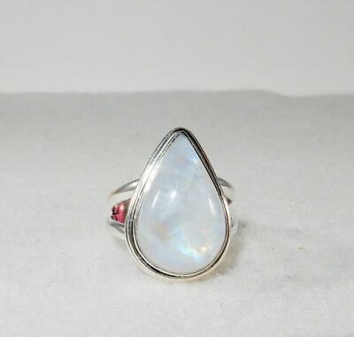 #ad Rainbow Moonstone Flashy Teardrop Ring Double Banded 925 Sterling Silver Size 8 $49.95
