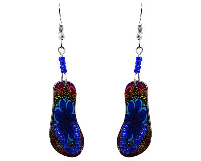 #ad Blue Flower Flip Flop Earrings Psychedelic Trippy Pattern Beaded Sandal Dangles $13.99