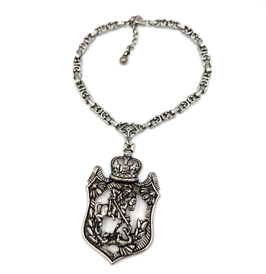 #ad Coat Of Arms Statement Necklace Vintage Silver Tone Horse Rider Killing Dragon $55.00