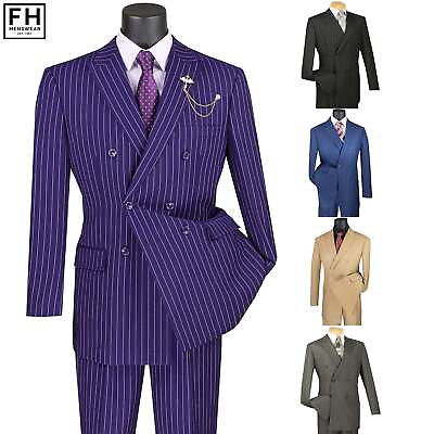 #ad VINCI Men#x27;s Gangster Pinstripe Double Breasted 6 Button Classic Fit Suit NEW $100.00