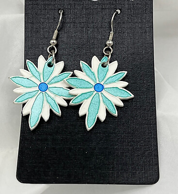#ad Blue and White Painted Porcelain Sunflower Dangle Earrings $9.99
