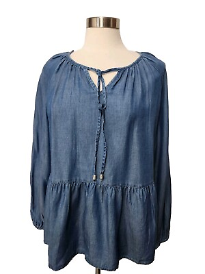 #ad Time And Tru Woman Blue Chambray Top XXL 20 Baby Doll Drop Waist Blouse LS $11.18