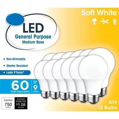 #ad 9W 60W Equivalent LED Light Bulb A19 E26 Medium Base Soft White 12 Pack $14.01