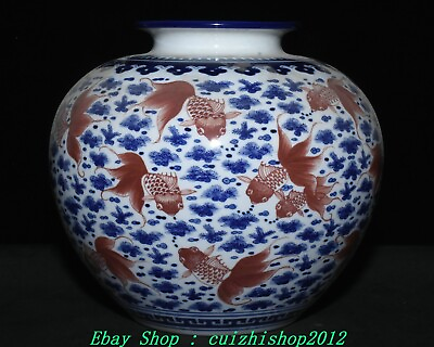 #ad 9quot; Qianlong Marked Blue White Red Glaze Porcelain Fish Goldfish Jar Pot Crock $243.60