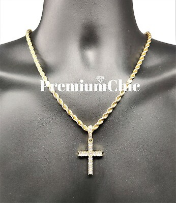 Iced Cross Pendant with 5MM Rope Chain Necklace Mens Hip Hop Plated CZ Jewelry $11.69