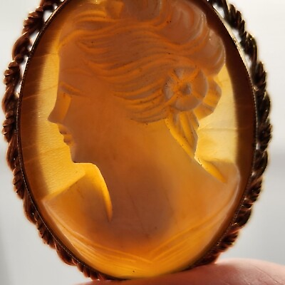 #ad Vintage 12K GF Genuine Carved Shell Cameo Pendant Brooch Twisted Rope Edge $289.00