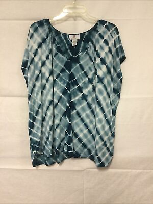 #ad OSO Casuals Blue White Tie Dye Short Sleeve V Neck Top Women#x27;s 1X $18.88