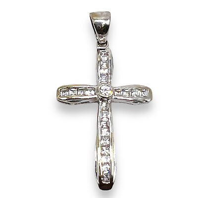 #ad 14k Solid White Gold Diamond Cross Pendant 0785 $790.01
