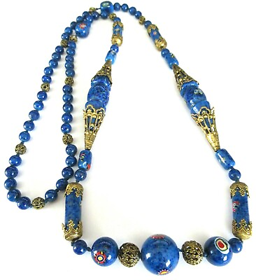 #ad Gorgeous Lapis Blue Millefiori Venetian Glass Bead Vintage Necklace $199.99