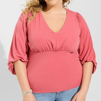#ad NEW NWT TORRID 1 Plus Size Studio Knit V Neck Quarter Sleeve Shirred Top Pink 1X $37.49