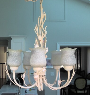 #ad Elegant Cream Beige Chandelier with Real Seashells Coastal Chic Lighting $399.99