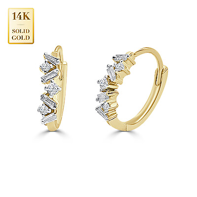 #ad 14K Real Solid Gold Baguette Natural Diamond Hoop Earrings Cartilage Tragus Ear $383.95