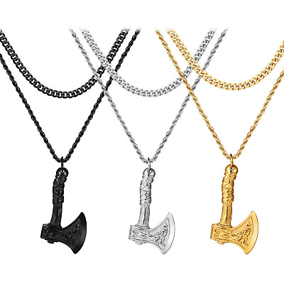 #ad Men#x27;s Viking Axe Necklace Celtic Wolf Norse Amult Pendant Chain Stainless Steel $13.99