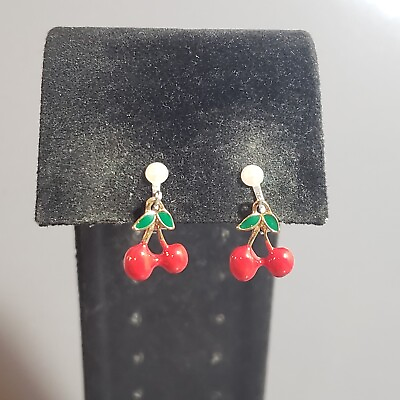 #ad Clip On Dangle Cherry Earrings Red Retro Mid Century Modernist Boho 1quot; $9.99