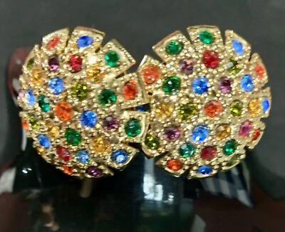 #ad Vintage Large Stud Statement Earrings Brilliant Crystals Gold Tone $29.99