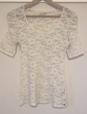 #ad GUESS Size S Top Cream Lace Gathered S Sleeved Stretch Metal Logo AU $28.00