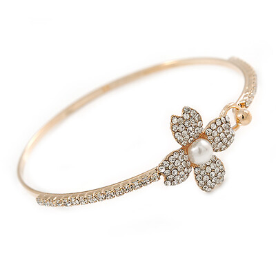 #ad Delicate Clear Crystal Pearl Flower Thin Bangle Bracelet In Gold Tone 19cm GBP 10.00