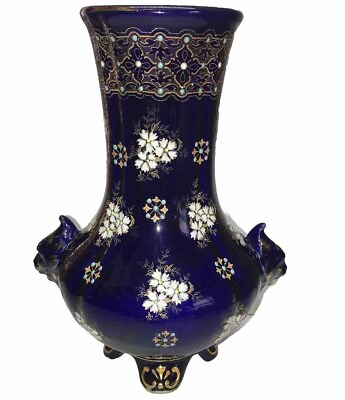 #ad Vintage Boch Freres Keramis Vase Signed 2 Lion Heads Thick Enameled Florals $139.77