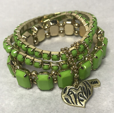 #ad KITSON Bracelet Signed Green amp; Gold Tone Elastic Retro Designer Jewelry $15.99