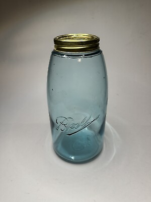 #ad Antique Ball Mason Jar Triple L 1900 1910 Blue Glass Quart Size Canning with Lid $20.00