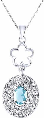 #ad Blue CZ Double Halo Style Flower Drop Pendant Necklace in Sterling Silver $50.77