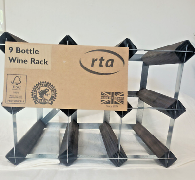 #ad RTA Wine Rack Cubed Stained Pine And Steel 9 Bottle Made In England 13x9x9in $44.99