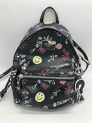 #ad Guess Mini Back Pack Smile Love Black Adjustable Straps Zippered Closure $49.99