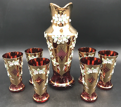 #ad VTG Egermann Bohemian 24k Gold Handpainted Ruby Red Glass Pitcher w 6 Tumblers $295.99